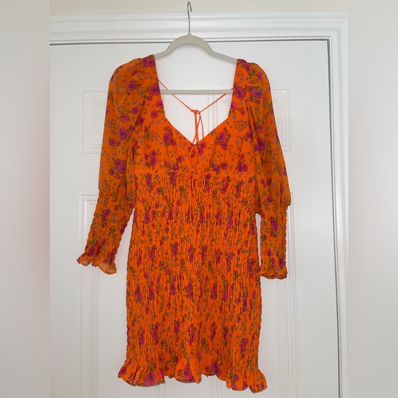 For Love & Lemons Peony Smocked mini dress Large orange floral - Picture 6 of 16